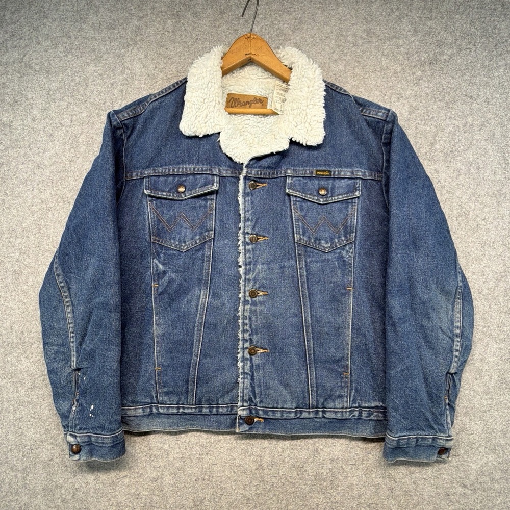 Vintage Wrangler Denim Sherpa Lined Western Jacket Blue Mens M-159 Size Large